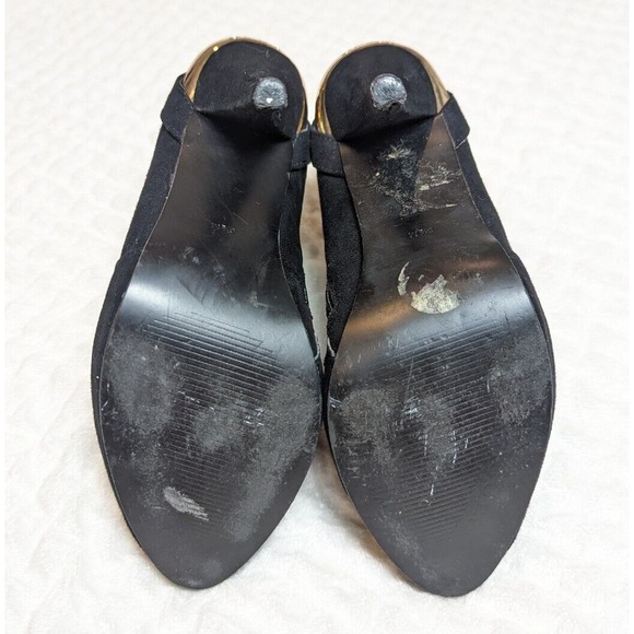 Guess Black Heel Booties Suede Ankle Boots Booties Stiletto Gold Logo Buckle 6.5 - Picture 9 of 9